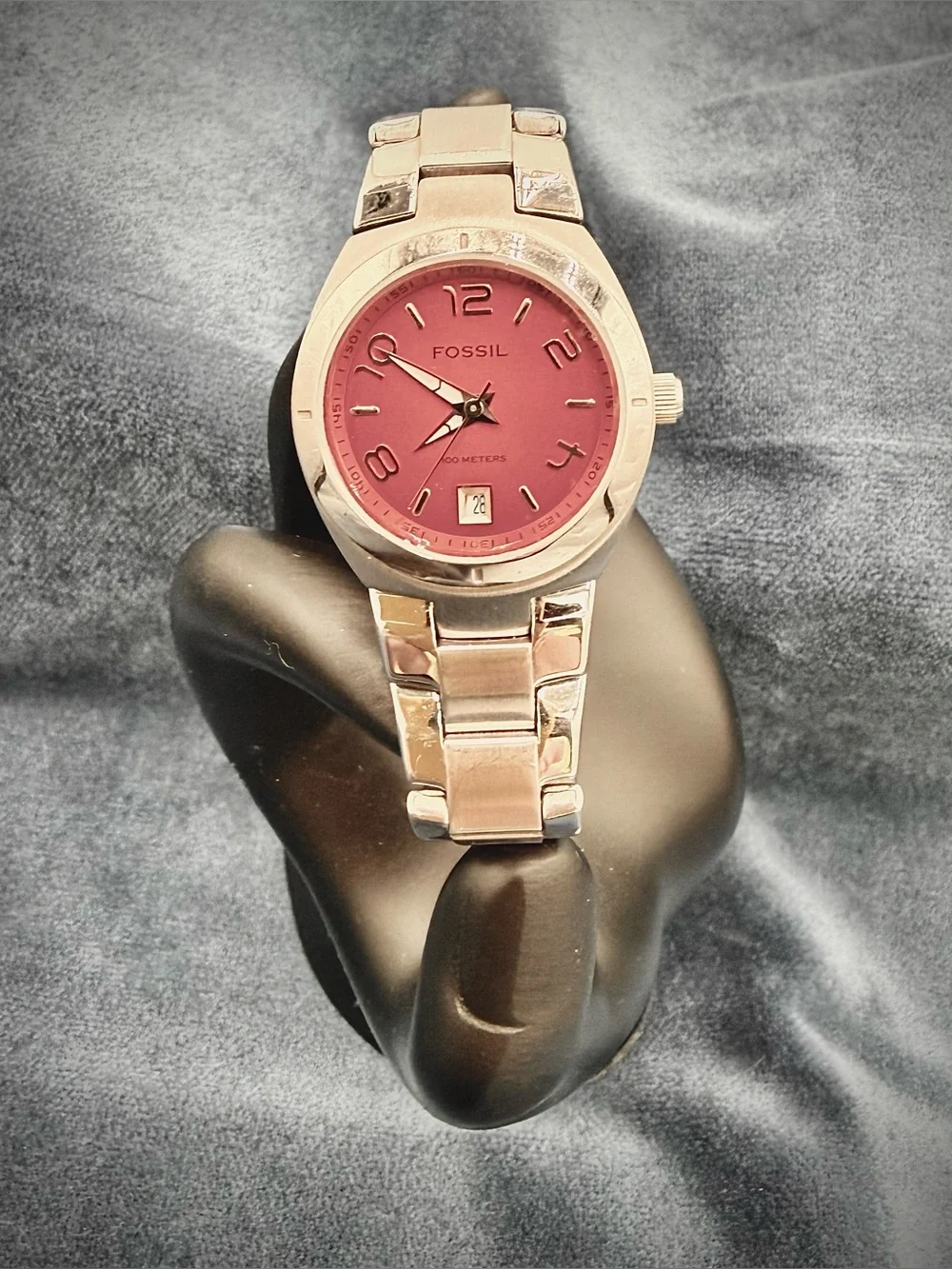 Fossil Silver Stainless Steel Watch with Red Dial